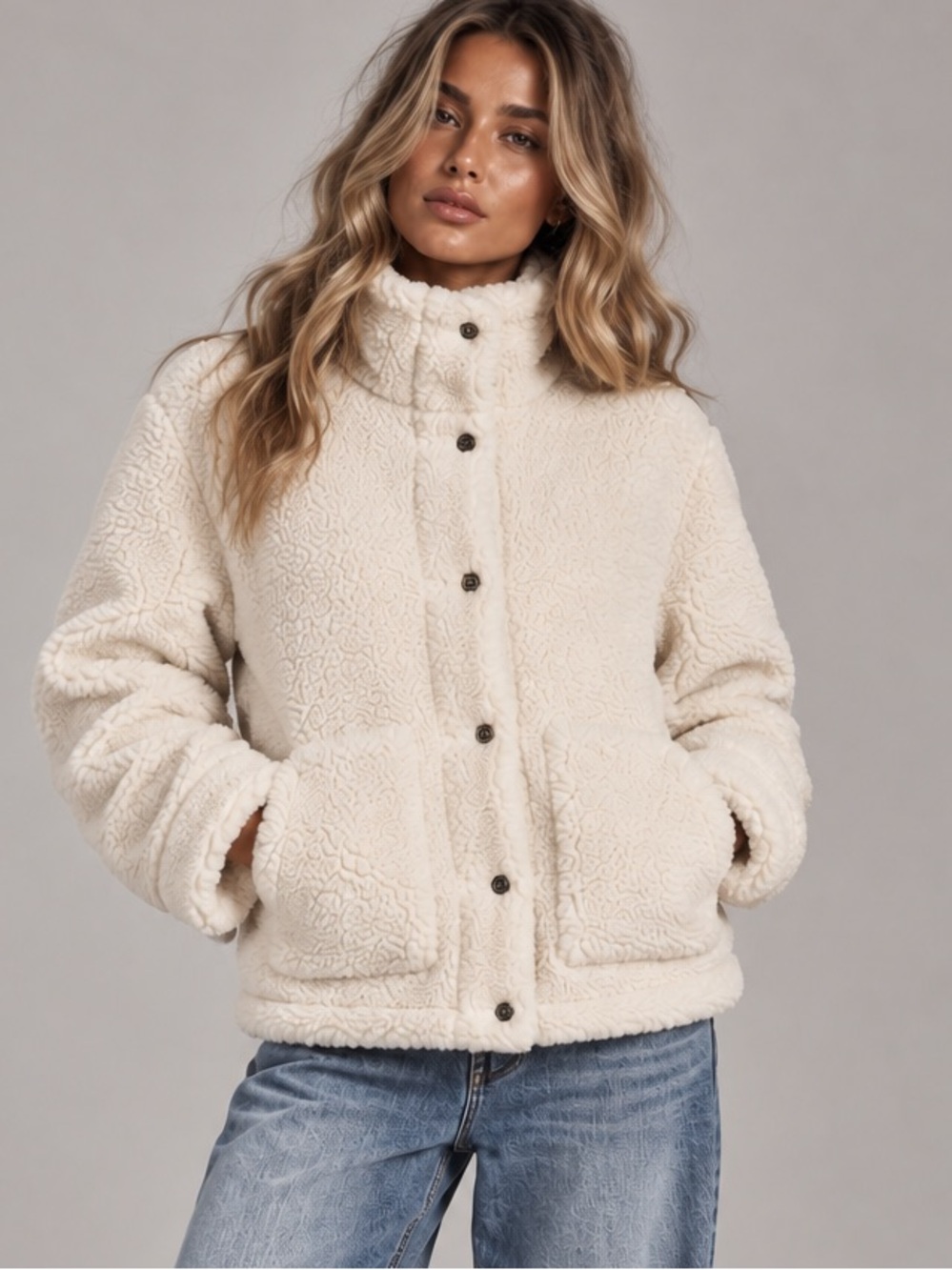Avalanche Cream Teddy Sherpa Jacket with Snap Front Sz medium